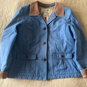 Vintage LL Bean Blue Cotton Chore Coat Jacket with Tan Corduroy Collar & Sleeves